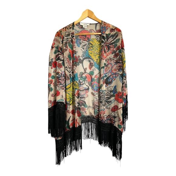 San Souci Kimono Fringed Piano Shawl Jacket Wrap L Large Sheer Floral Boho - Picture 1 of 5